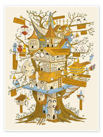 Wandbild Vogelstadt Illustration voller Details für Vogelliebhaber - Patruschka