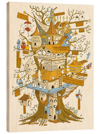 Wood print Bird City illustration full of details for bird lovers - Patruschka