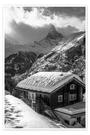 Wandbild Matterhorn mit altem Holzhaus tief verschneit, Schweiz - Christian Müringer