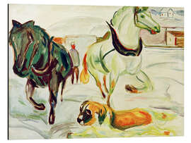Print på aluminium Horses in Harness in the Snow with St Bernard - Edvard Munch