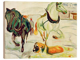 Holzbild Pferde im Geschirr im Schnee mit Bernhardiner - Edvard Munch