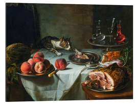 Alubild Stillleben mit den Resten einer Mahlzeit und Katze