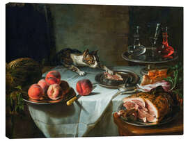 Leinwandbild Stillleben mit den Resten einer Mahlzeit und Katze