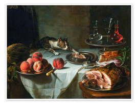 Wandbild Stillleben mit den Resten einer Mahlzeit und Katze