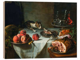Holzbild Stillleben mit den Resten einer Mahlzeit und Katze