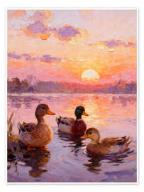 Poster Entenfamilie im Sonnenuntergang - artill