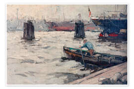 Poster Frachtschiff am Duckdalben - Leonhard Sandrock