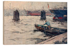 Holzbild Frachtschiff am Duckdalben - Leonhard Sandrock