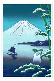 Poster Winterlicher Berg Fuji und Chibi - syntetyc