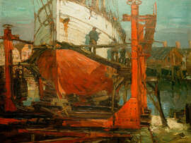 Holzbild Auf der Helling, Elbe-Lotsenschoner - Leonhard Sandrock