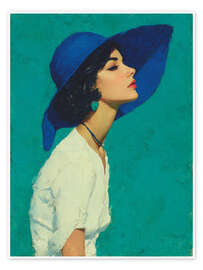 Wandbild Porträt einer eleganten Frau mit blauem Hut - DejaReve