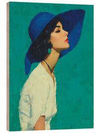 Holzbild Porträt einer eleganten Frau mit blauem Hut - DejaReve