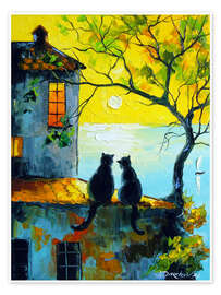 Wandbild Katzen beobachten gemeinsam den Sonnenuntergang - Olha Darchuk