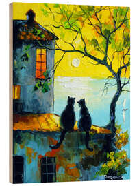 Holzbild Katzen beobachten gemeinsam den Sonnenuntergang - Olha Darchuk