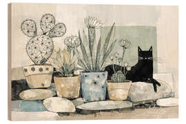 Holzbild Schwarze Katze und Kaktus - Anastasia Mamoshina