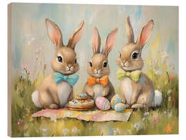 Holzbild Niedliche Osterhasen beim Familienpicknick - TAlex