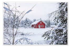 Poster Landschaft im Winter mit Haus und Wald in Äkäslompolo, Finnland - Rico Ködder