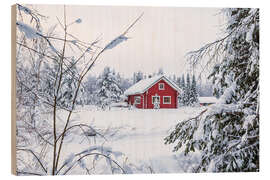 Holzbild Landschaft im Winter mit Haus und Wald in Äkäslompolo, Finnland - Rico Ködder