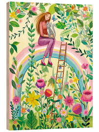 Holzbild Katzenmädchen im Regenbogen