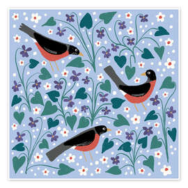 Wandbild Rotkehlchen, Veilchen, Anemone, Vögel und Blumen - Nic Squirrell
