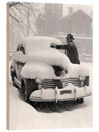 Wood print 1940s vintage car after a snowfall