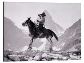 Print på aluminium Cowboy on a Pinto pony in front of Mount Assiniboine, Canada