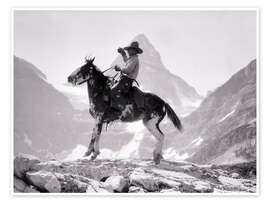Poster Cowboy auf einem Pinto-Pony vor dem Mount Assiniboine, Kanada