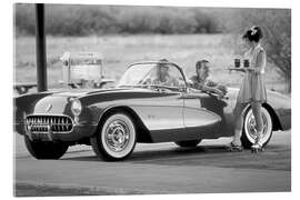 Acrylglasbild Carhop und Corvette-Cabrio in einem Drive-in-Restaurant