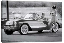 Canvas print Carhop and Corvette convertible in a drive-in restaurant