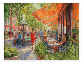 Wandbild Promenade mit Café und Brunnen - Paul Simmons