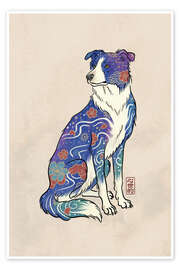Wandbild Border Collie mit Japanischem Blumenmuster - syntetyc