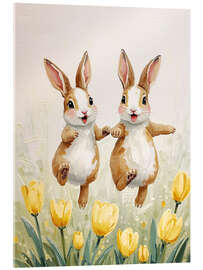 Acrylglasbild Hoppelnde Hasen in Tulpenfeld - Ohkimiko
