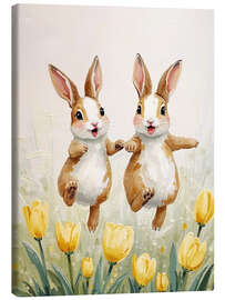 Leinwandbild Hoppelnde Hasen in Tulpenfeld - Ohkimiko