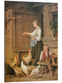 Print på aluminium Girl feeding chickens, 1865 - Albert Anker