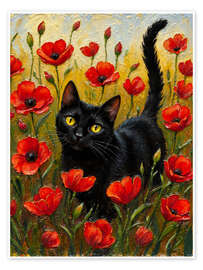 Wall art print Poppies and the Black Cat - DejaReve