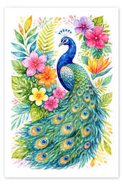 Wall art print Elegant peacock surrounded by tropical flowers - Natalie Bruns