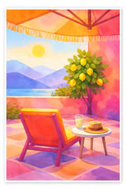 Poster Mediterrane Terrasse mit Zitronenbaum und Meerblick - Natalie Bruns